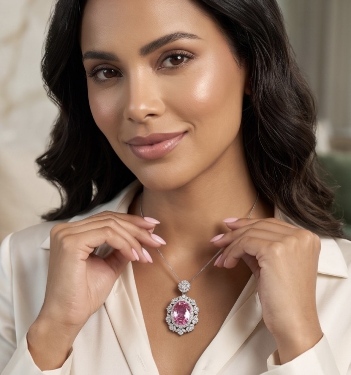 Tiffany Incredible oval cut 20.4 carat Pink Sapphire .925 Sterling Silver handcrafted pendant - Woman wearing Tiffany oval pink sapphire necklace, close-up view