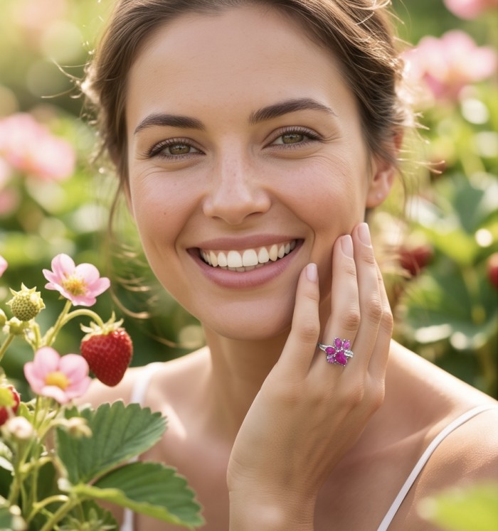 Blooming Garden 3.8 carat Mozambique Ruby rhodium over .925 Sterling Silver handmade Statement Ring size 9 - Woman wearing Blooming Garden ruby ring among strawberry flowers