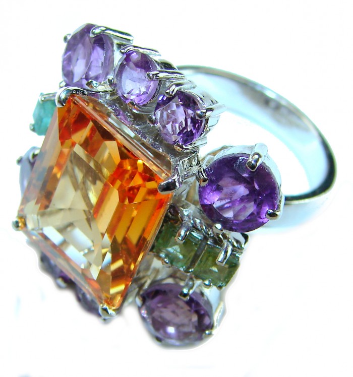 Real Beauty 19.5 carat Authentic Golden Topaz .925 Sterling Silver handcrafted Statement ring size 6 - Close-up of colorful gemstone ring with golden topaz and amethyst