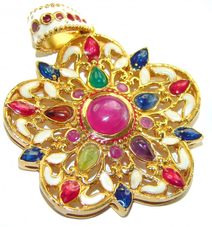 Circle of Life * Deluxe 8.2 carat authentic Ruby enamel 18K Gold over .925 Sterling Silver handmade Pendant - Colorful gemstone pendant with detailed close-up of central ruby