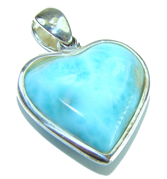 Angel's Heart amazing quality Larimar .925 Sterling Silver handmade pendant - Heart-shaped Larimar pendant in sterling silver, angled view.