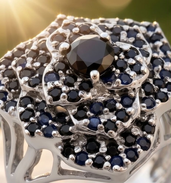 Blue Flower 12.2 carat natural Sapphire .925 Sterling Silver Perfectly handcrafted Ring s. 9 - Close-up of blue sapphire flower ring in sterling silver.
