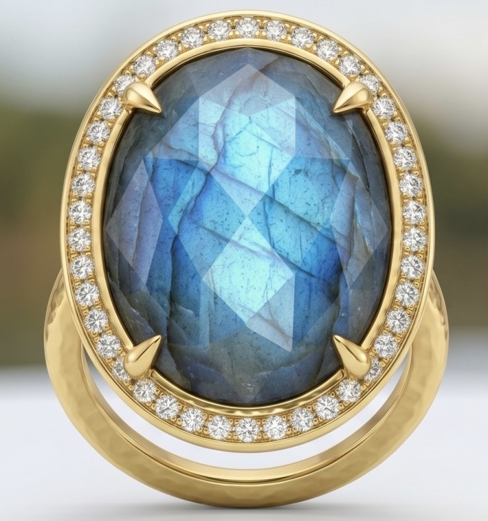 Shimmering Natural faceted Labradorite .925 Sterling Silver dipped in 18K Gold handcrafted Large ring size 8 1/4 - Close-up of faceted labradorite ring with diamond accents in gold setting.