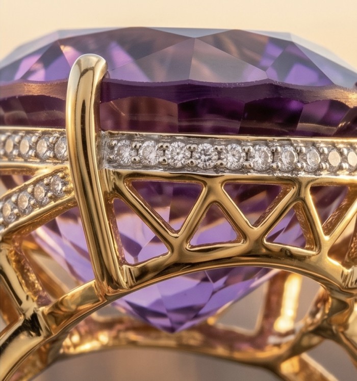 Empress of Uruguay 32.2 carat natural Amethyst .925 Sterling Silver dipped in 22K Gold Handcrafted Ring size 7 3/4 - Close-up of Empress of Uruguay amethyst ring with gold accents