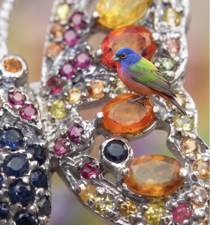 Butterfly authentic 9.8 carat multicolor Sapphire .925 Sterling Silver handmade Pendant Brooch - Close-up of multicolor sapphire butterfly with vibrant bird perched.