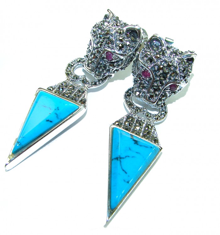 Spectacular Blue Panthers inlay Turquoise .925 Sterling Silver handcrafted Earrings - Panther earrings with turquoise inlay, front view, on white background.