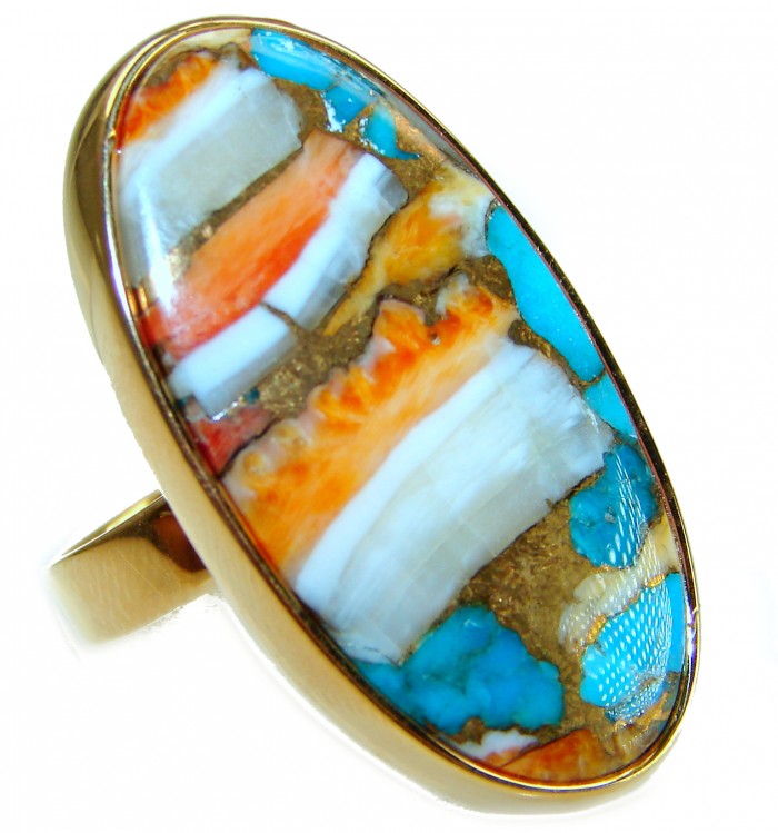Rare 29.5 carat Oyster Turquoise 18K Gold over .925 Sterling Silver handcrafted Large ring; s. 7 adjustable - Close-up of 29.5 ct Oyster Turquoise ring in 18K gold over sterling silver