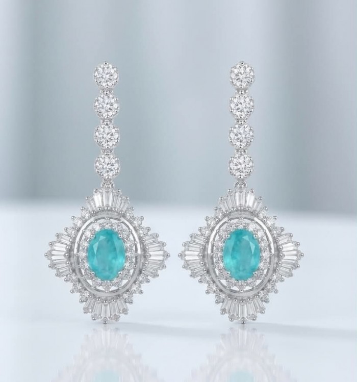 Pure Luxury 6.2 carat natural Colombian Emerald .925 Sterling Silver handmade Statement earrings - Emerald earrings, front view, with diamonds and sterling silver details.