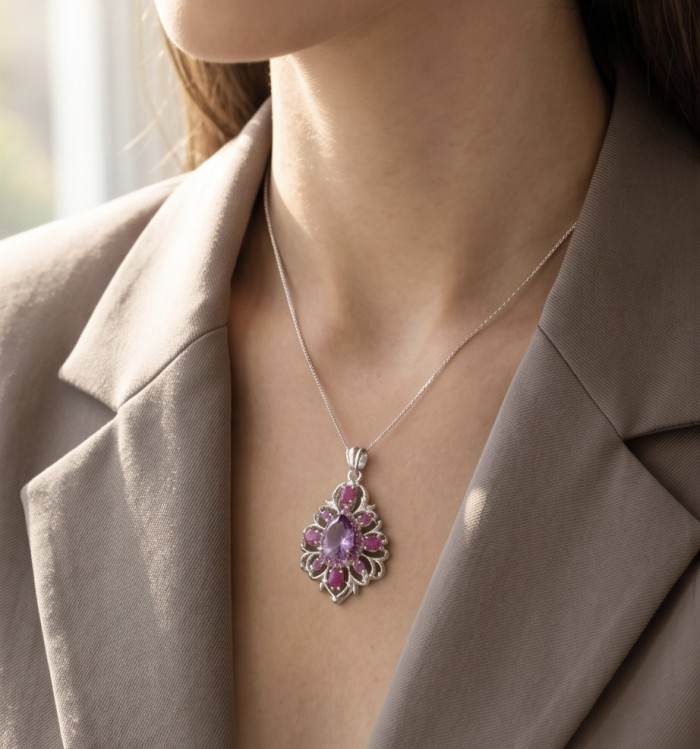 Francesca Genuine 18.5 carat Amethyst Kashmir Ruby rhodium over .925 Sterling Silver handmade Pendant - Amethyst and ruby pendant worn on neck, side view.