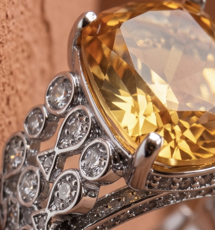 Authentic oval cut 9.2 carat Golden Topaz 14K White Gold over .925 Sterling Silver ring s. 7 - Close-up of oval cut Golden Topaz in 14K white gold setting.