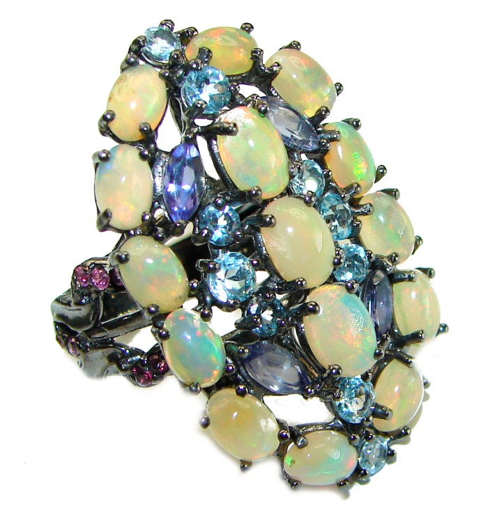 Mesmerizing Fire best quality Mexican Opal Ethiopian Opal black rhodium over .925 Sterling Silver handmade ring 8 - photo 4