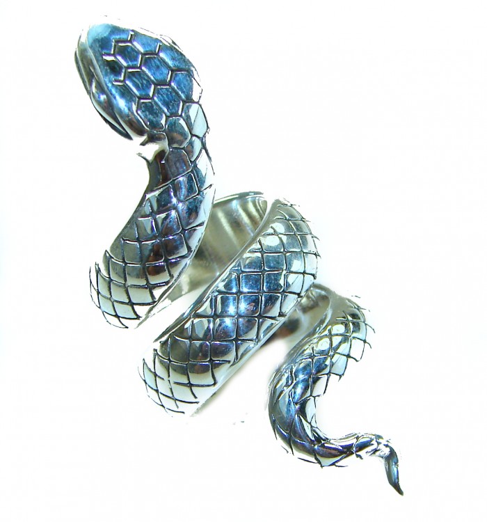 Large Boa Snake .925 Sterling Silver handcrafted Statement SPINAL Ring size 6 - Silver snake ring in a coiled design, top view.