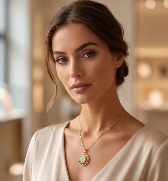 Earth Treasure Authentic 12.8 carat Golden Ethiopian Opal 22K Gold over .925 Sterling Silver handcrafted Statament Necklace - Worn: woman wearing Earth Treasure 12.8 carat Golden Ethiopian Opal necklace