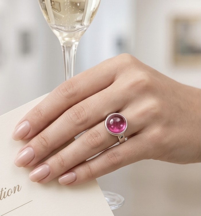 Giovanna 15.5 carat Ruby .925 Sterling Silver handcrafted incredible ring s. 8 - Hand with Giovanna 15.5ct ruby ring in sterling silver, holding a card