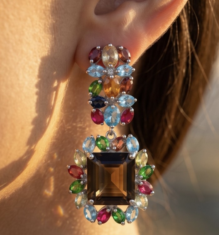Giovanna 29.5 carat Champagne Smoky Topaz Rhodium over .925 Sterling Silver handmade Statement Earrings - Close-up of colorful gemstone earring worn on ear