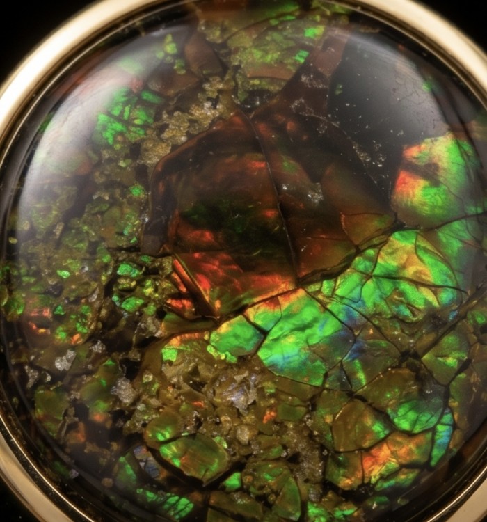 Sublime Aura Canadian Fire Ammolite 14K Rose Gold over .925 Sterling Silver handmade earrings - Stone close-up of Sublime Aura Canadian Fire Ammolite in rose gold setting.