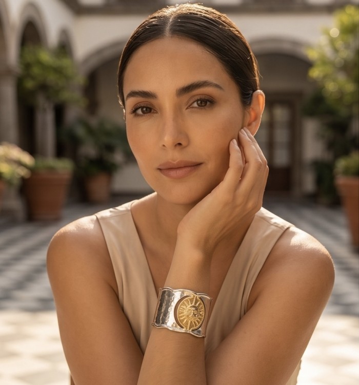 Renewal - Byzantine design 14K Gold over .925 Sterling Silver handcrafted Bracelet / Cuff - Woman wearing Renewal bracelet with Byzantine design in courtyard setting.