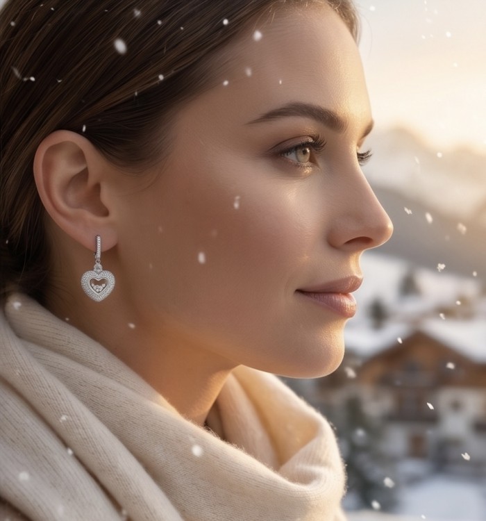 Precious Heart - Floating Memories 12.5 carat White Sapphire .925 Sterling Silver Handcrafted Statement earrings - Side view of woman wearing Precious Heart white sapphire earrings.