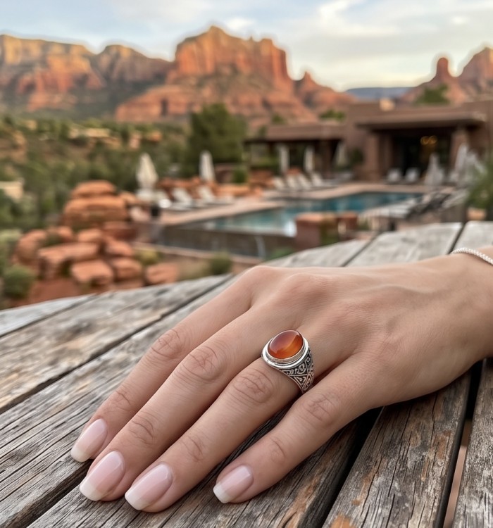 Orange Power natural Carnelian .925 Sterling Silver handmade ring s. 9 1/2 - Carnelian ring on hand with scenic mountain backdrop