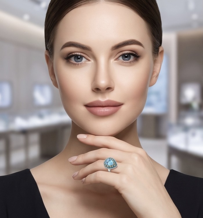 Venus 11.8 carat Swiss Blue Topaz .925 Sterling Silver dipped in rhodium handcrafted ring size 7 - Worn on hand, Swiss Blue Topaz ring, elegant display.