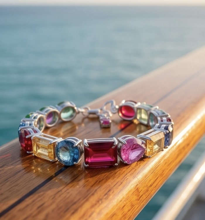 Tutti Frutti 40.5 CARAT MULTIGEM rhodium over .925 Sterling Silver brilliantly handcrafted Bracelet - Tutti Frutti multigem bracelet on wooden railing by the sea
