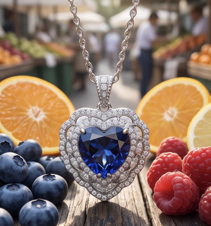 Titanic - Heart of The Ocean Necklace ~ 8.5 Ct Tanzanite Necklace In 925 Sterling Silver necklace - Close-up of Heart of the Ocean necklace with fruits in the background