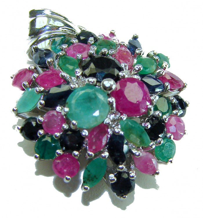 Circle of Life 15.2 carat authentic Sapphire Ruby Emerald .925 Sterling Silver handmade Pendant - Stone close-up of Circle of Life 15.2 carat gemstone jewelry.