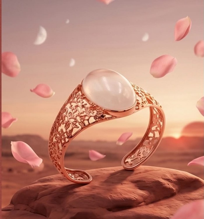 Vintage Beauty Genuine 35.2 carat Brazilian Rose Quartz Rose quartz 22K Rose Gold over .925 Sterling Silver handcrafted Bracelet / Cuff - Ornate bracelet with rose quartz stone, side view, pink petals in background.