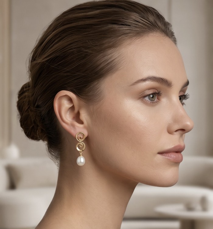 Sublime natural Pearl 18K Gold over .925 Sterling Silver handcrafted Earrings - Side view of pearl and gold earrings worn on a person