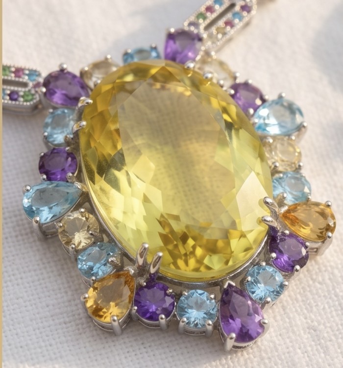 Giovanna - Exquisite Beauty authentic 55.9 carat Lemon Quartz .925 Sterling Silver handcrafted necklace - Stone close-up of Giovanna 55.9 carat Lemon Quartz pendant.