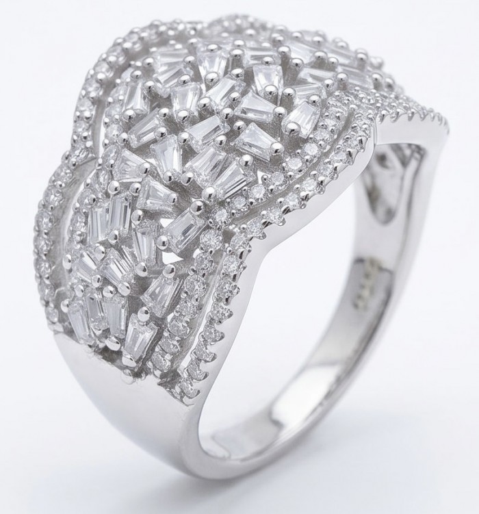 Romantica Precious Natural 2.2 carat White Topaz .925 Sterling Silver ring size 9 - Elegant ring with white topaz stones, angled side view.