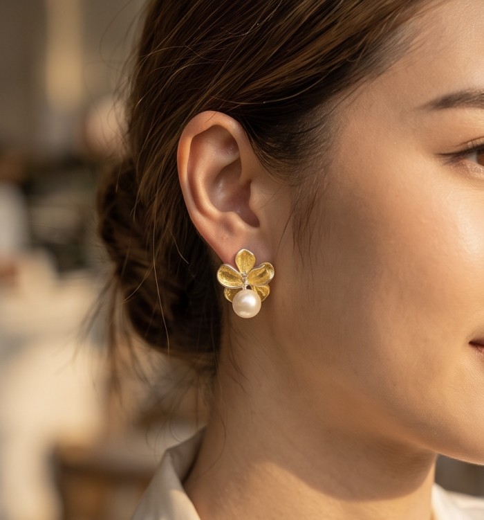 Classy Design - Genuine Pearl 18k Gold over .925 Sterling Silver handcrafted Statement Earrings - Side view: Pearl and gold earring worn on ear.