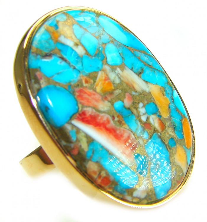 Rare 26.5 carat Oyster Turquoise 18K Gold over .925 Sterling Silver handcrafted Large ring; s. 8 adjustable - Close-up of rare 26.5 carat Oyster Turquoise ring in gold setting.