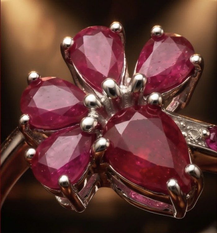 Stella - 6.9 carat Ruby .925 Sterling Silver handcrafted incredible ring s. 8 - Close-up of a ruby flower ring in .925 sterling silver.