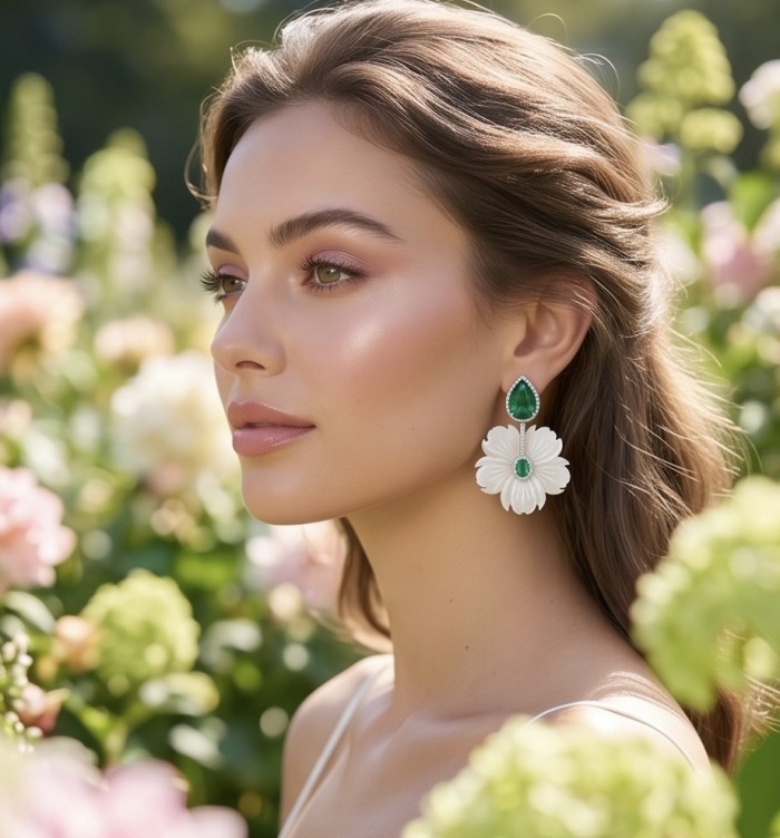 Summer Flowers Blister Pearl Blue Topaz 14K Gold over .925 Sterling Silver handcrafted Earrings - Side view of earrings worn, featuring flower and green stone design.