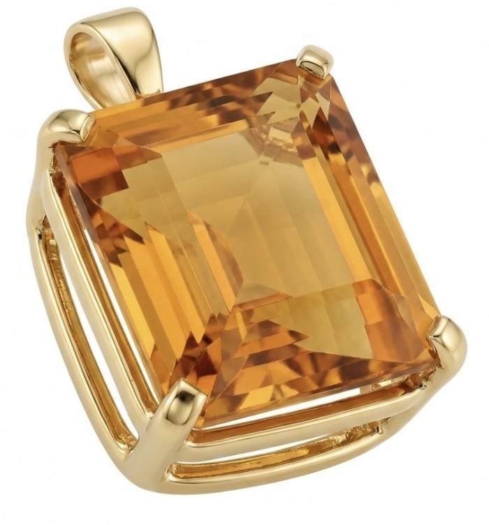 Princess cut 25.4 carat Lemon Quartz 18K Gold over .925 Sterling Silver handcrafted pendant - Close-up of princess cut lemon quartz pendant in gold setting