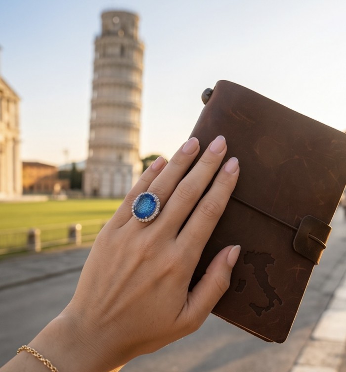 Angelina 14.9 carat authentic Swiss Blue Topaz .925 Sterling Silver Handcrafted Ring size 8 - Swiss Blue Topaz ring worn on hand, Leaning Tower in background