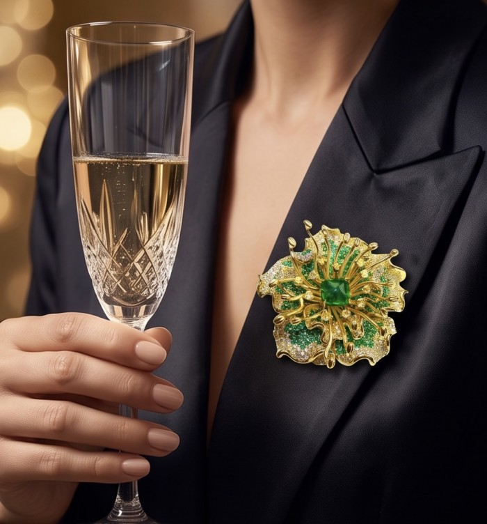 Nature-inspired piece - Amazonia - Green Rose - Genuine 42.5 carat Emerald 14K Gold over .925 Sterling Silver handmade Pendant - Brooch - Brooch on lapel, close-up with champagne glass in hand.