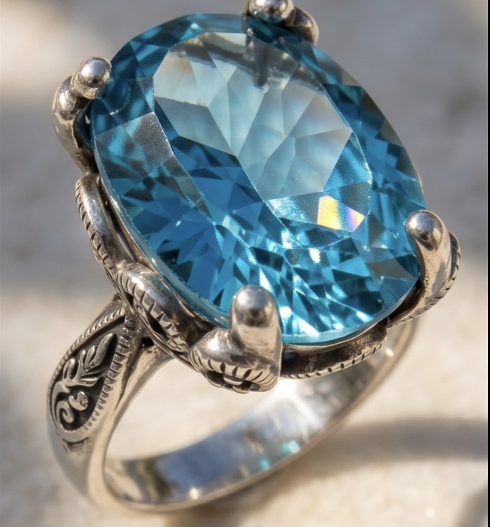 Massive Deep Blue 37.8 carat Aquamarine .925 Sterling Silver handcrafted Large ring size 8 - Close-up of a deep blue aquamarine ring in ornate .925 sterling silver.