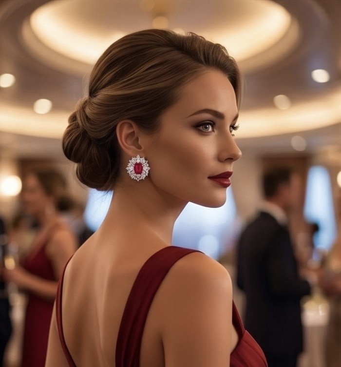 Antonia 4.5 carat Ruby dippedin rhodium .925 Sterling Silver brilliantly handcrafted earrings - Side view of woman wearing Antonia 4.5 carat ruby earrings.