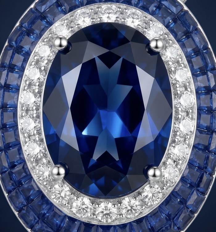 Born to Glam 12.2 carat Sapphire .925 Sterling Silver .925 Sterling Silver Statement Necklace - Close-up of Born to Glam 12.2ct Sapphire in Sterling Silver setting.