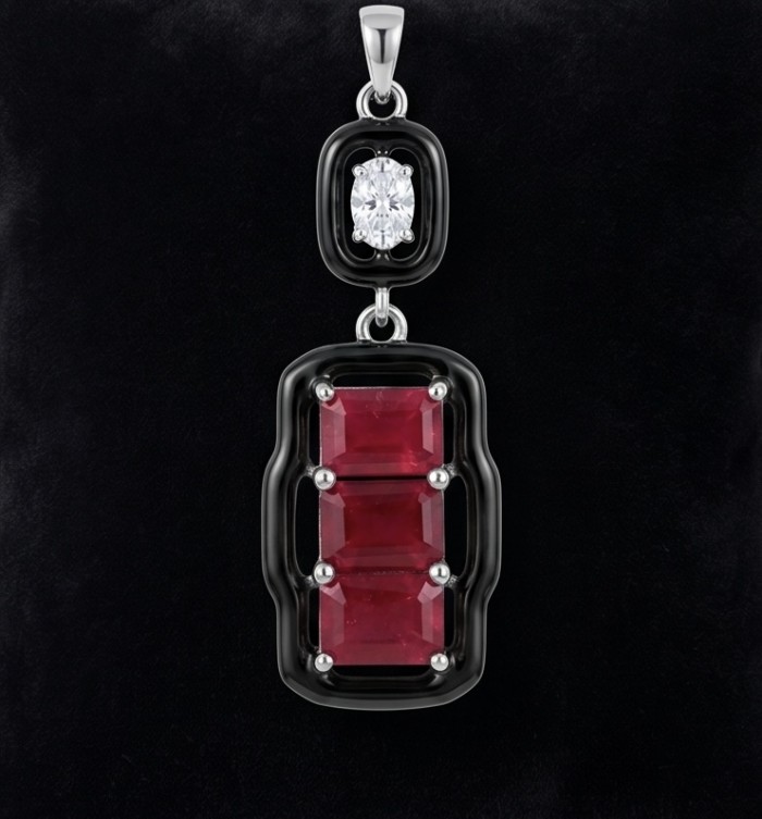 Art Deco - Bella Rosa Genuine 5.8 carat Ruby .925 Sterling Silver dipped in rhodium Statement brilliantly handcrafted Pendant - Art Deco pendant with ruby and diamond, front view, on black background