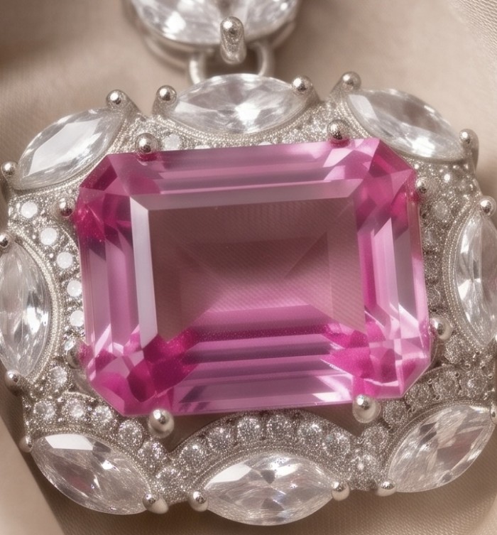 Vintage style boquette cut 12.8 carat Pink Sapphire .925 Sterling Silver DIPPED IN RHODIUM handmade Pendant - Close-up of vintage-style pink sapphire with surrounding clear stones