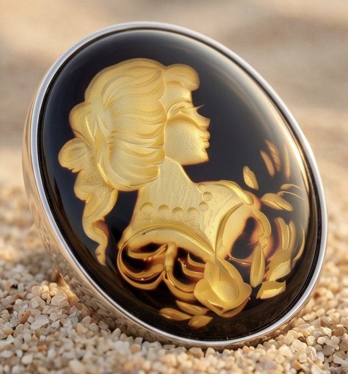 Beautiful Authentic Cameo carved Baltic Amber .925 Sterling Silver handcrafted ring; s. 7 adjustable - Close-up of cameo carved Baltic amber with sterling silver setting