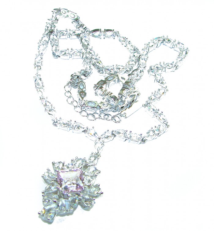 Isabella - Light Pastel 5.9 carat Kunzite .925 Sterling Silver handcrafted Statement Necklace - Necklace with 5.9 carat kunzite pendant on white background.