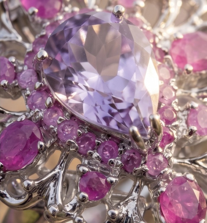 Francesca Genuine 18.7 carat Amethyst Kashmir Ruby rhodium over .925 Sterling Silver handcrafted Statement Ring size 7 - Close-up of amethyst and ruby stones in silver setting.