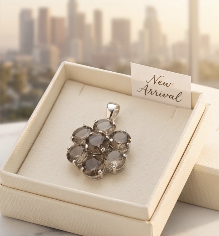 Penelope - 15.5 carat Smoky Topaz rhodium over .925 Sterling Silver handmade Pendant - Smoky Topaz pendant in box, front view with "New Arrival" card.