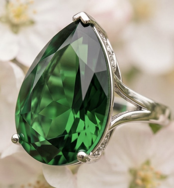 Green Royalty Natural 21.6 carat Chrome Diopside .925 Sterling Silver ring size 5 1/2 - Close-up of a green chrome diopside ring in a silver setting.