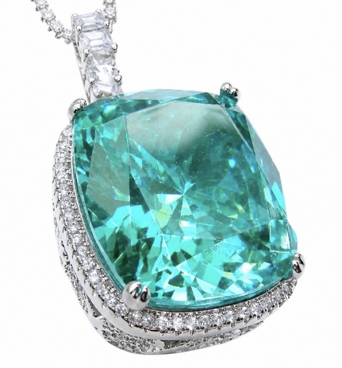 Brazilian's Briliance - emerald cut 31.7 carat Paraiba Tourmaline .925 Sterling Silver handcrafted necklace - Close-up of emerald-cut 31.7 carat Paraiba Tourmaline pendant