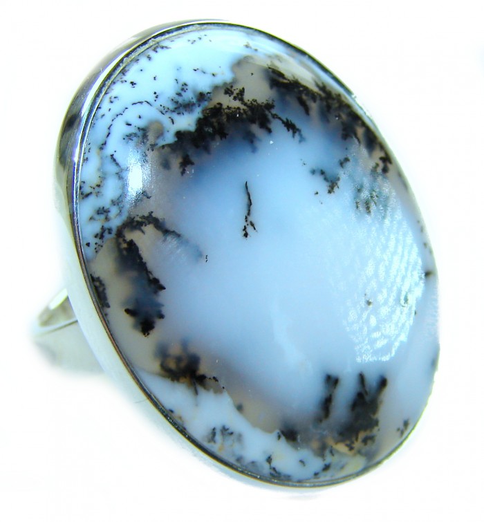 Top Quality Dendritic Agate .925 Sterling Silver handcrafted Ring s. 7 adjustable - Close-up of Dendritic Agate ring in .925 Sterling Silver setting